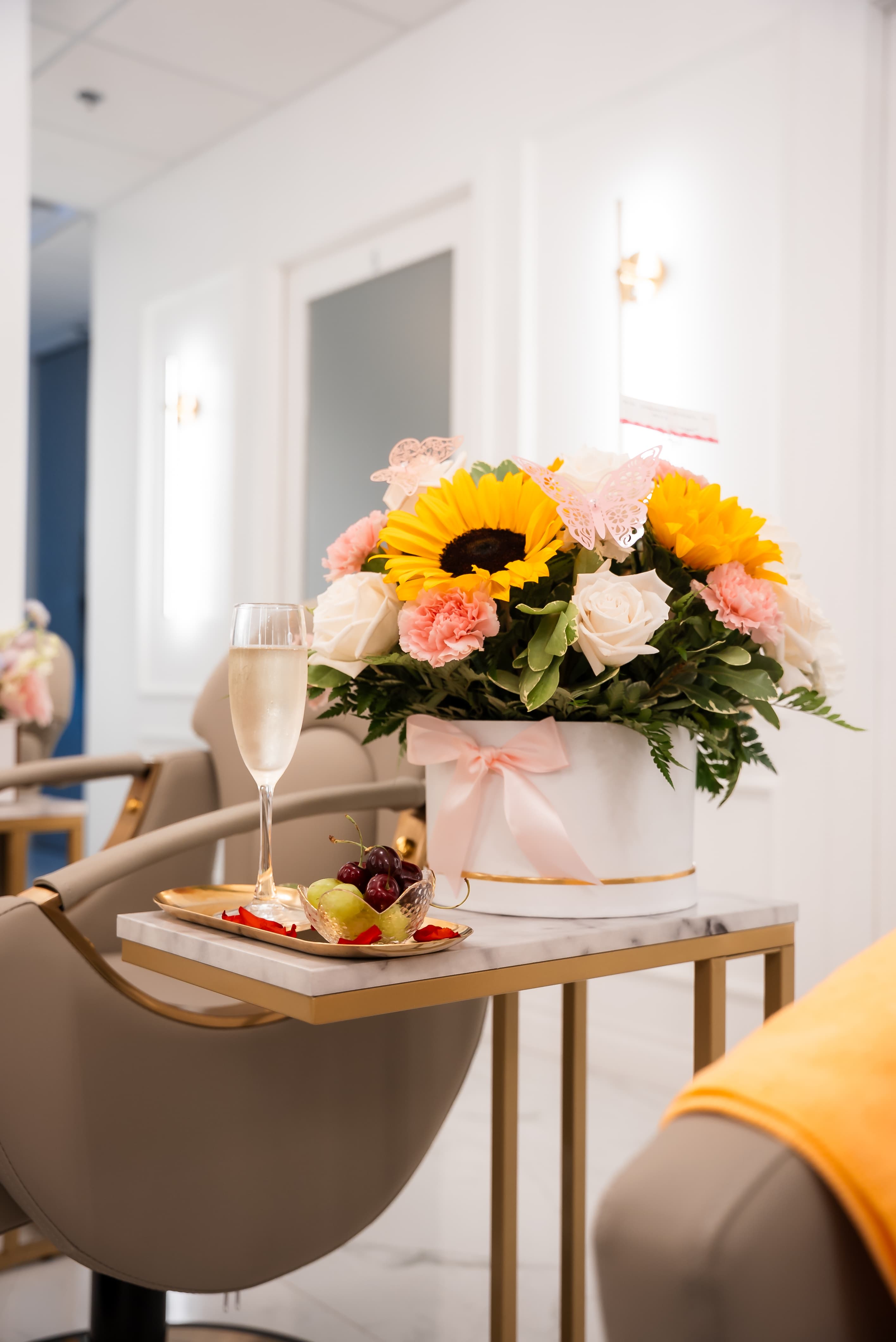 Complimentary champagne and fruit arrangement