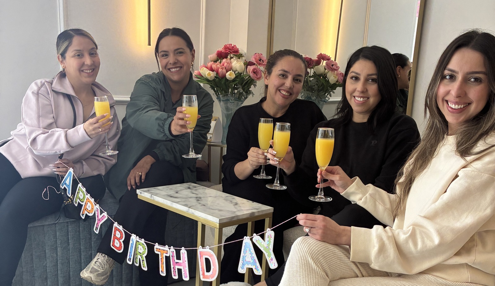 Ivette with her three sisters and a friend at Lavie Bella Head Spa in Artesia — Sunday morning VIP Group 75-Minute Reservation for Ivette's birthday.